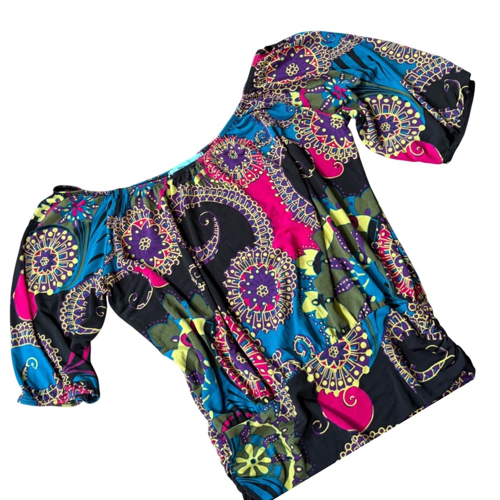 Boho Summer Paisley Off Shoulder Blouse Boho Pink Teal Medium